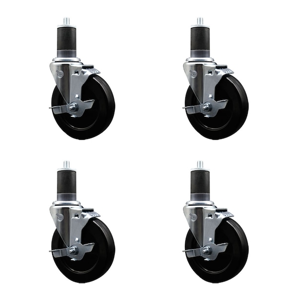 5'' SS Hard Rubber Swivel 1-5/8'' Expanding Stem Caster Set with Brake, 4PK